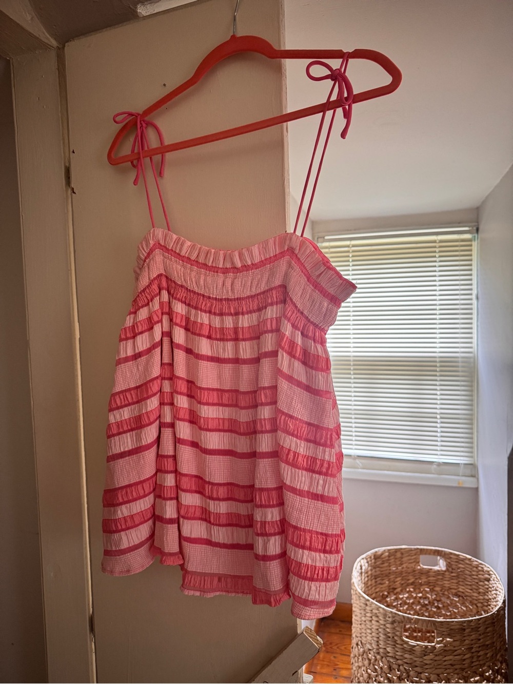 Pants storePink Striped Smocked top with Tie Straps
